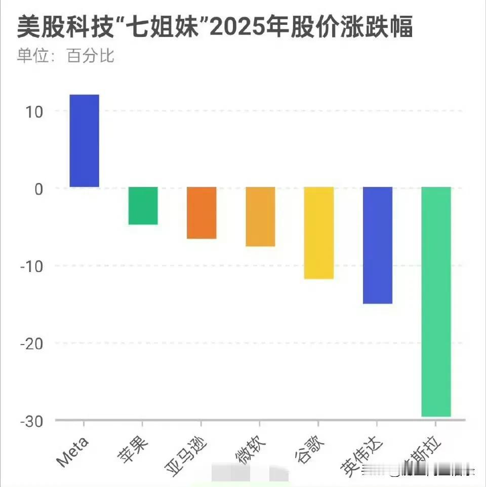 中美两国的科技七姐妹，股价基本符合趋势，不过meta凭什么上涨这么多，难道是因为