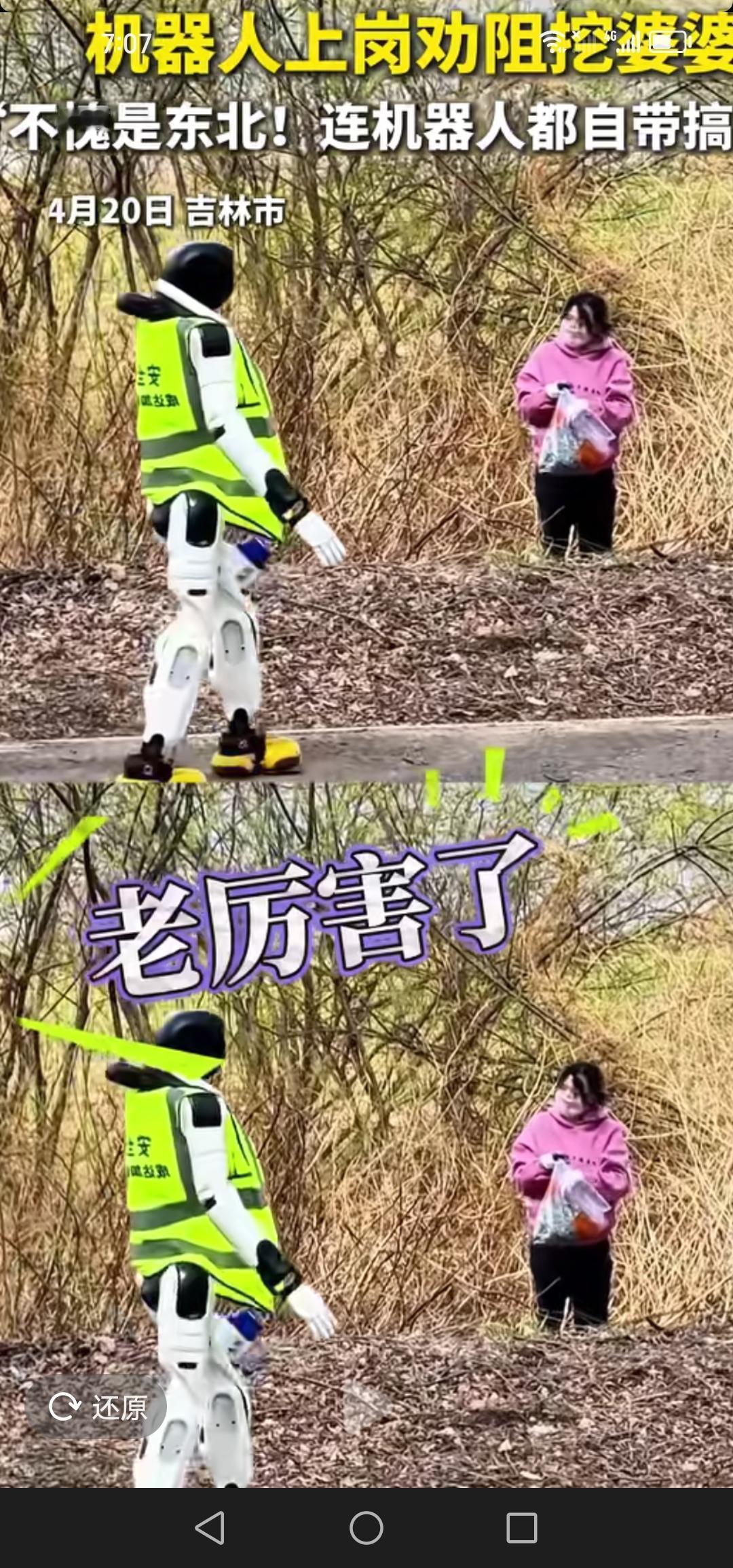 吉林市的公园让机器人当保安，去劝阻那些挖菜的人，着实趣味十足。

今晚刷视频时，
