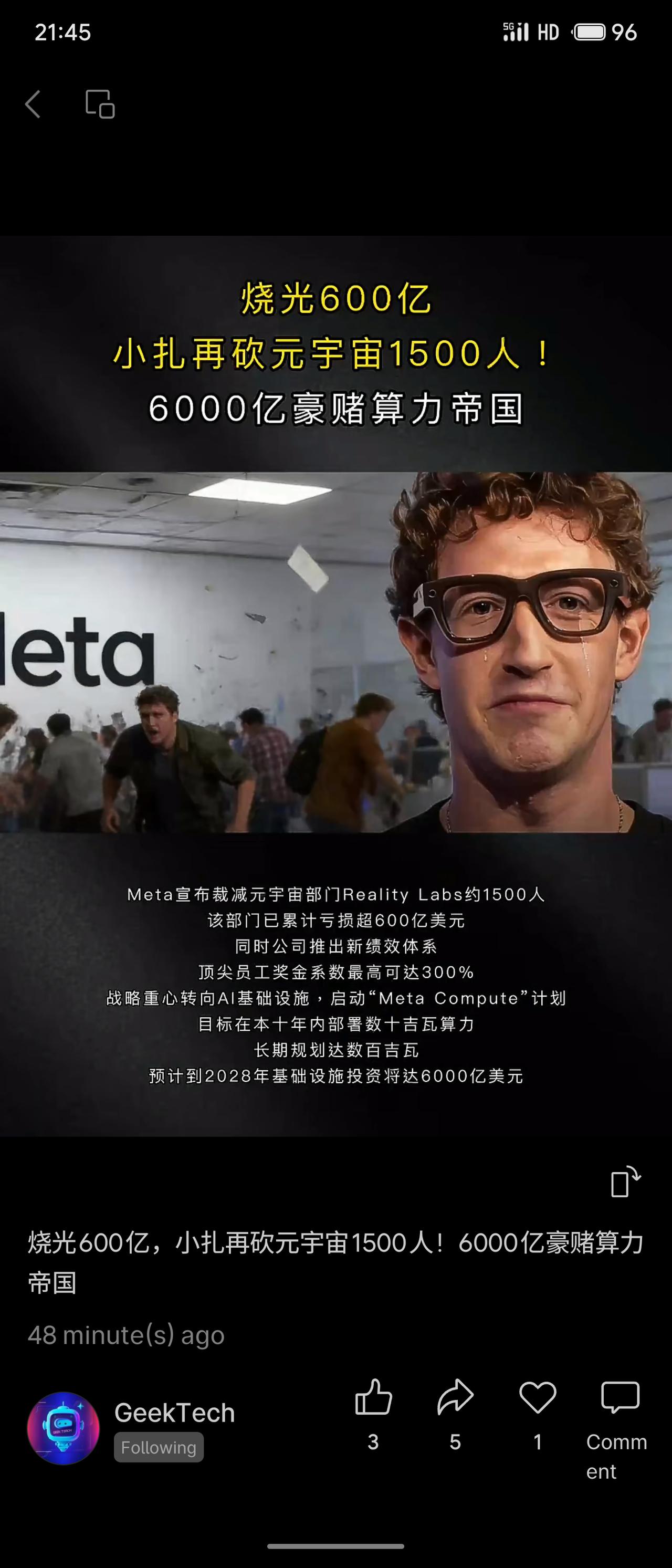 因元宇宙部门累计亏损超600亿美元，Meta宣布裁员约1500人。公司战略重心转