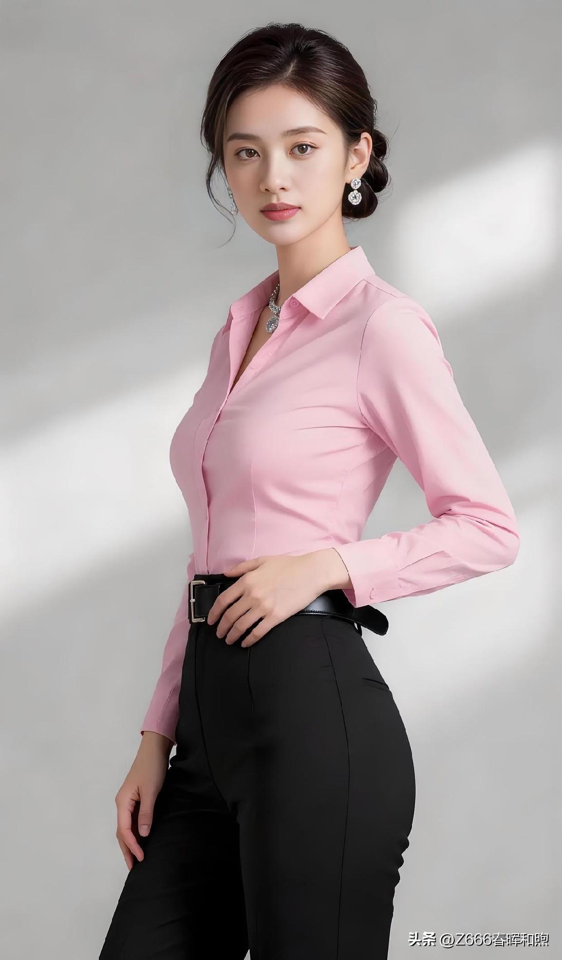 粉衫黑裤勾勒出干练身姿，如春日初绽的柔樱，清雅中透着坚韧。凝眸处，从容自信晕染开