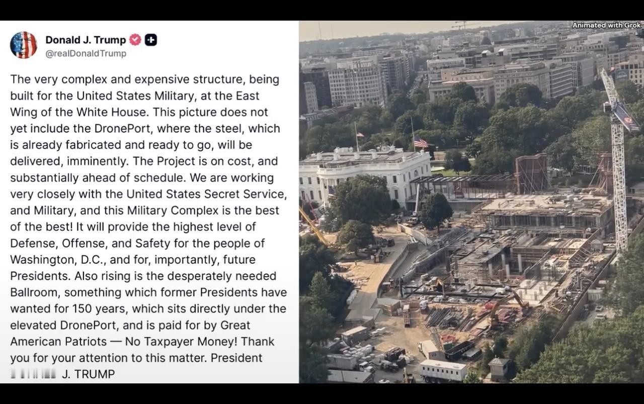 特朗普总统刚刚发推展示了白宫正在建造的军事设施和宴会厅：

“该项目按预算进行，