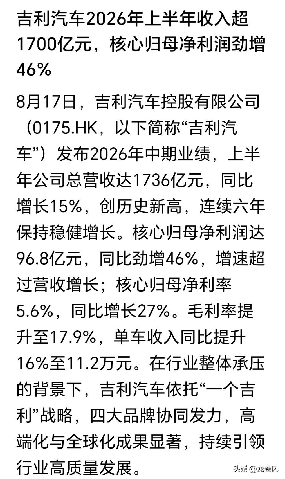 吉利汽车半年业绩也不错。
净利润干到96亿了。
毛利率17.9％不如比亚迪汽车业