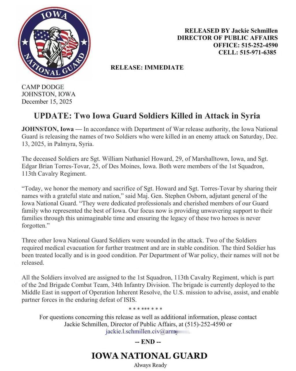 叙利亚帕尔米拉地区12月14日被武装分子设伏打死的两名美军的身份：29岁中士威廉