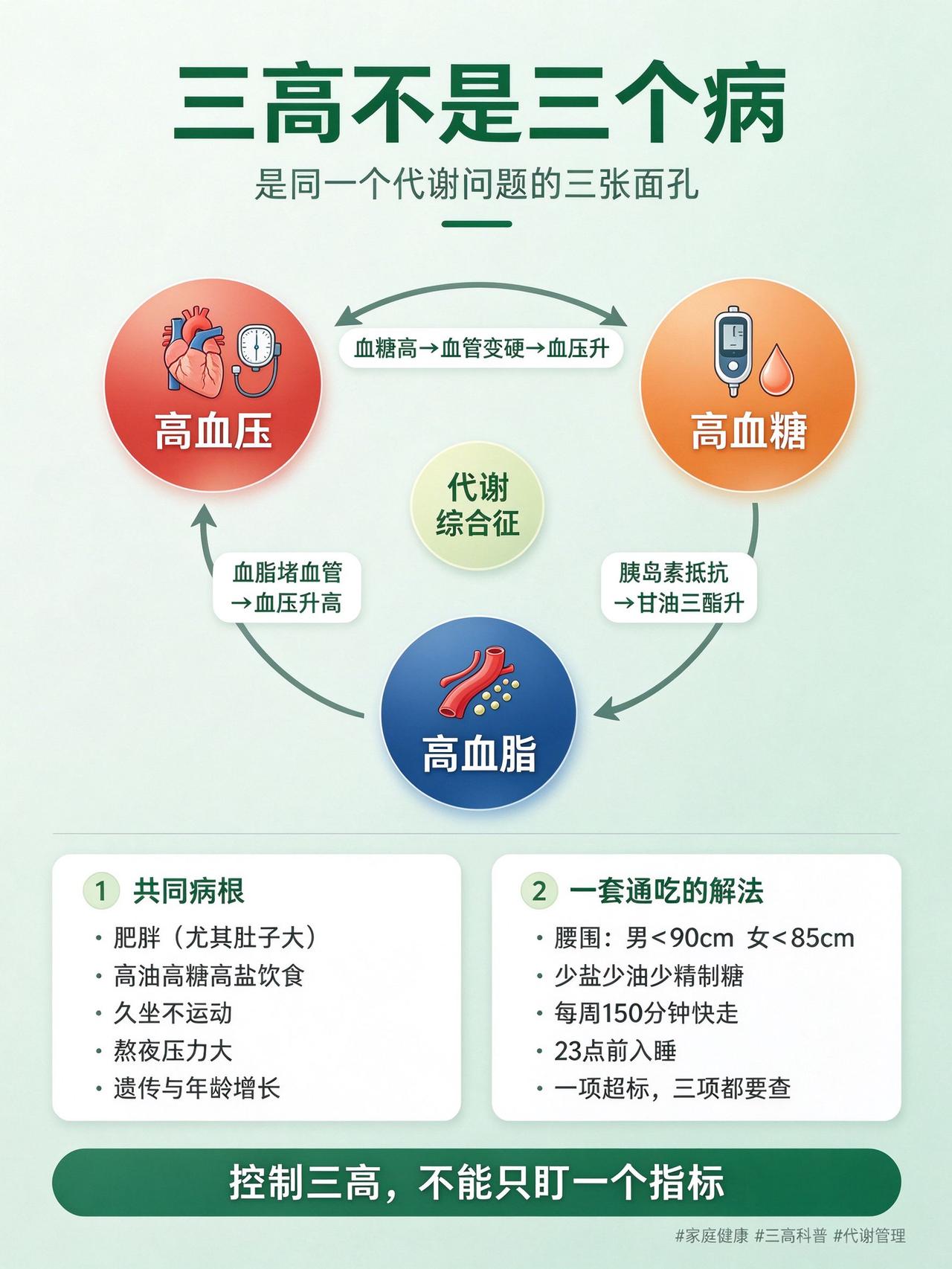 三高的根源可能在血糖高
血糖高，血管就会变硬，促使血压升高；胰岛素少，分解甘油三