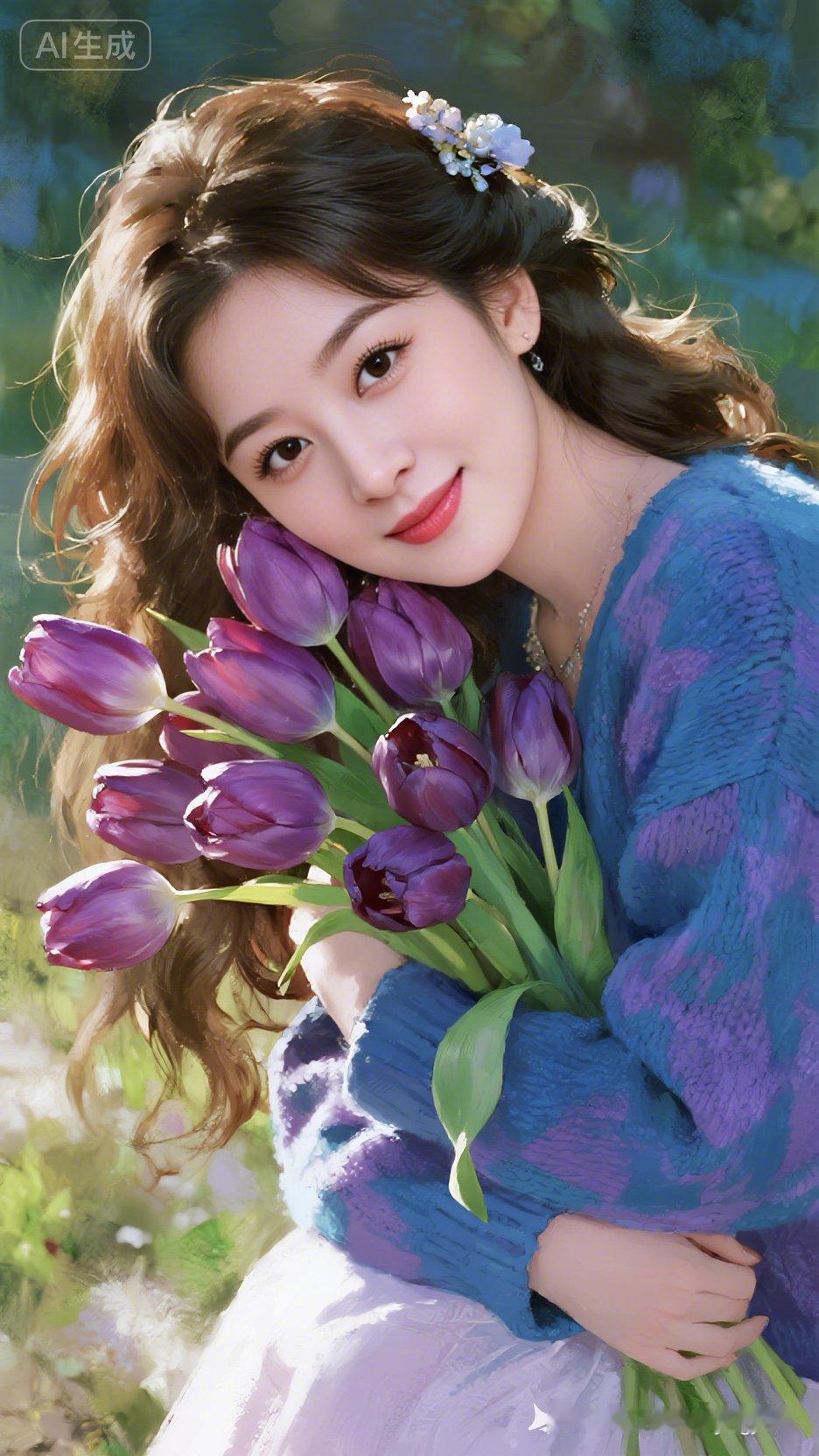 春日花海中的少女，手持一束紫色郁金香，温柔微笑，如梦如幻。
