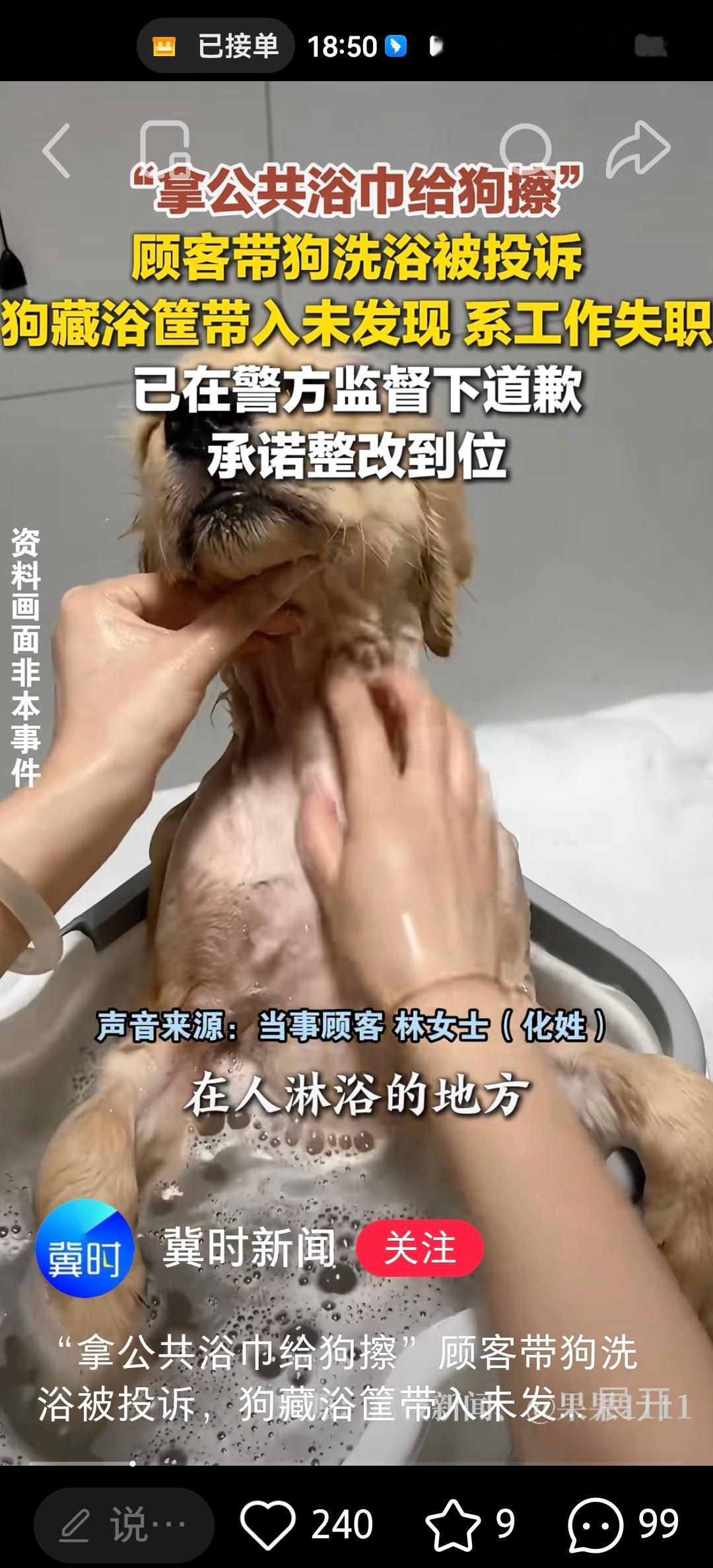 祸害完餐饮企业现在来祸害洗浴行业了。女子带狗到澡堂洗狗，洗完后用公用浴巾擦狗，还