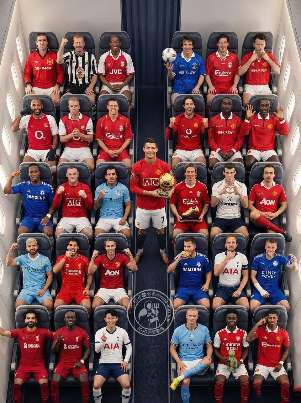 英超历史最好的前锋，都在这张图里了。

红色球衣最多，阿森纳，曼联，利物浦。
