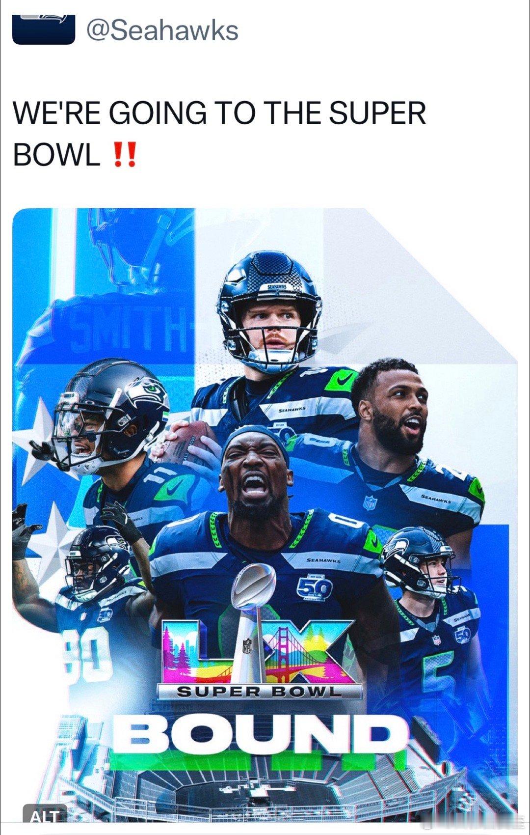 西雅图Seahawks海鹰队打进“超级碗”总决赛了🏈2月8日，对新英格兰Pat