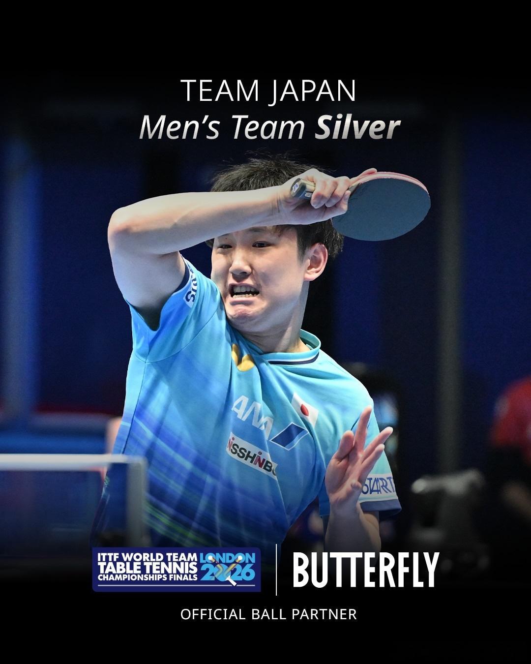 ITTF伦敦世乒赛2026张本智和 260513 蝴蝶公司祝贺男队夺银。“在被认