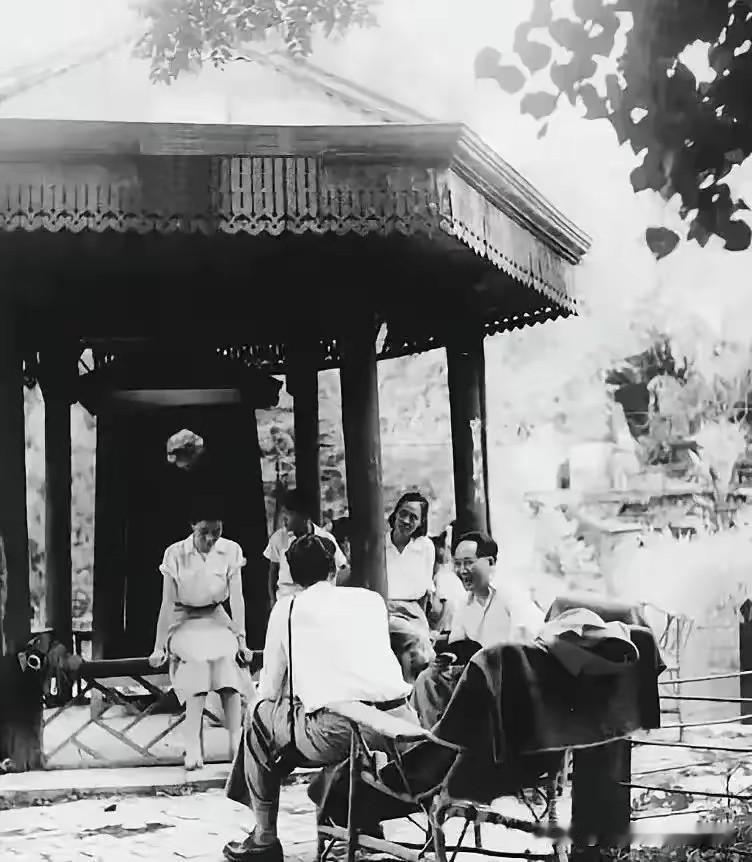 1951年，北京香山的凉亭。
毛主席与诗人、文艺评论家袁水拍（背对镜头者）。