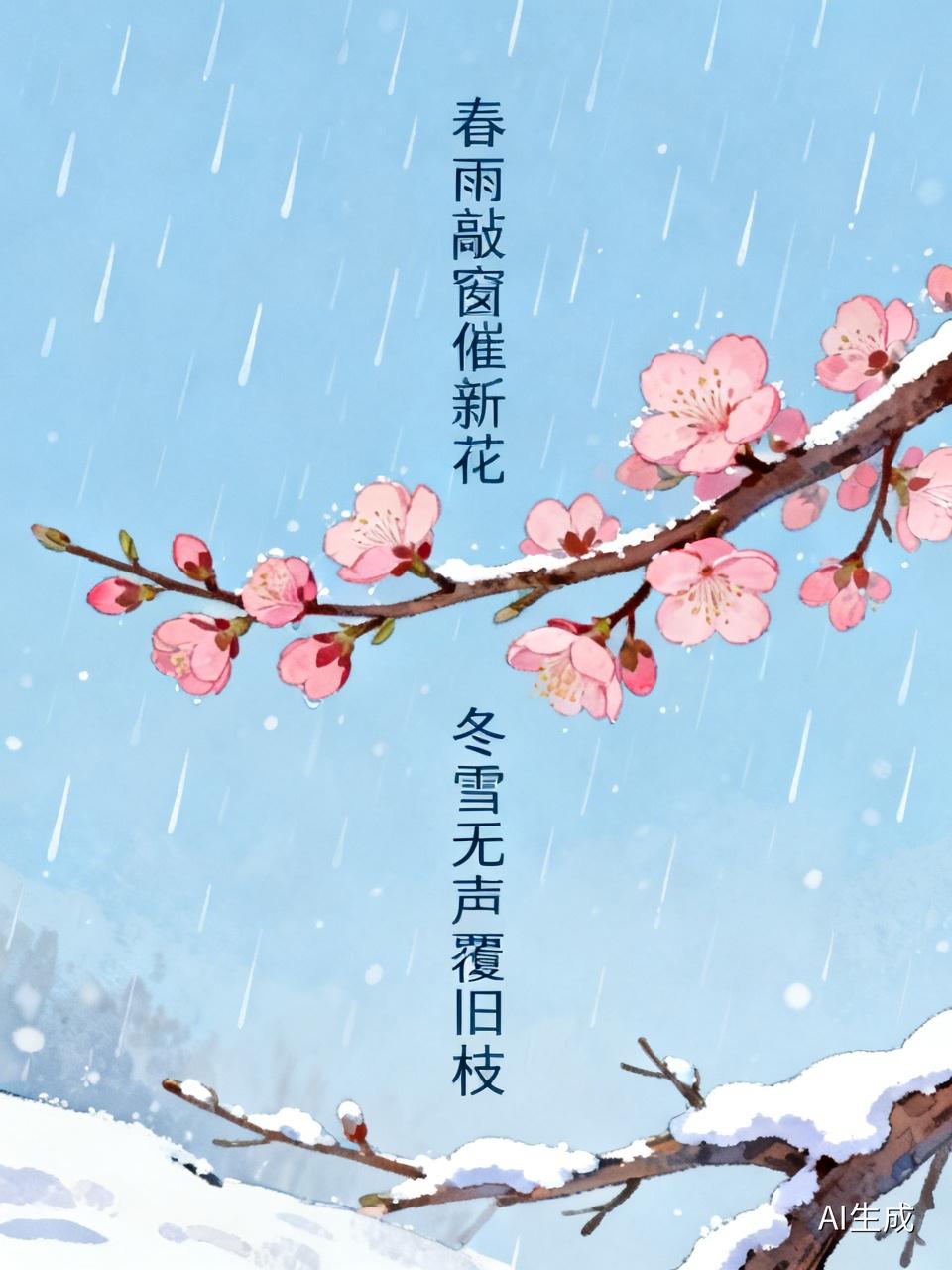 上联：春雨敲窗催新花，
下联：冬雪无声覆旧枝。