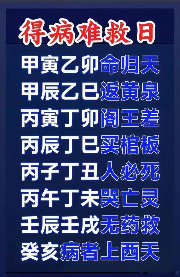 得病难救日甲寅乙卯命归天甲辰乙巳返黄泉丙寅丁卯阁玉差丙辰丁巳买棺板丙子丁丑人必死