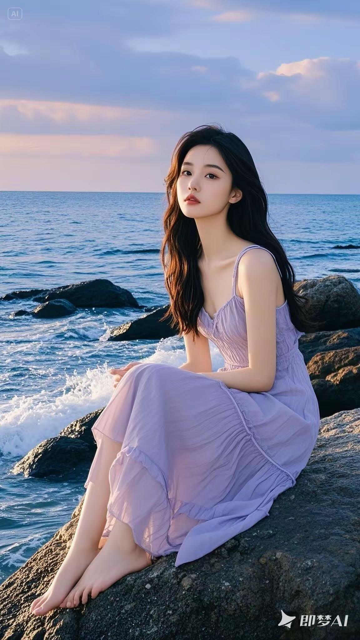 海边少女，紫色长裙，温柔海风，浪漫时光