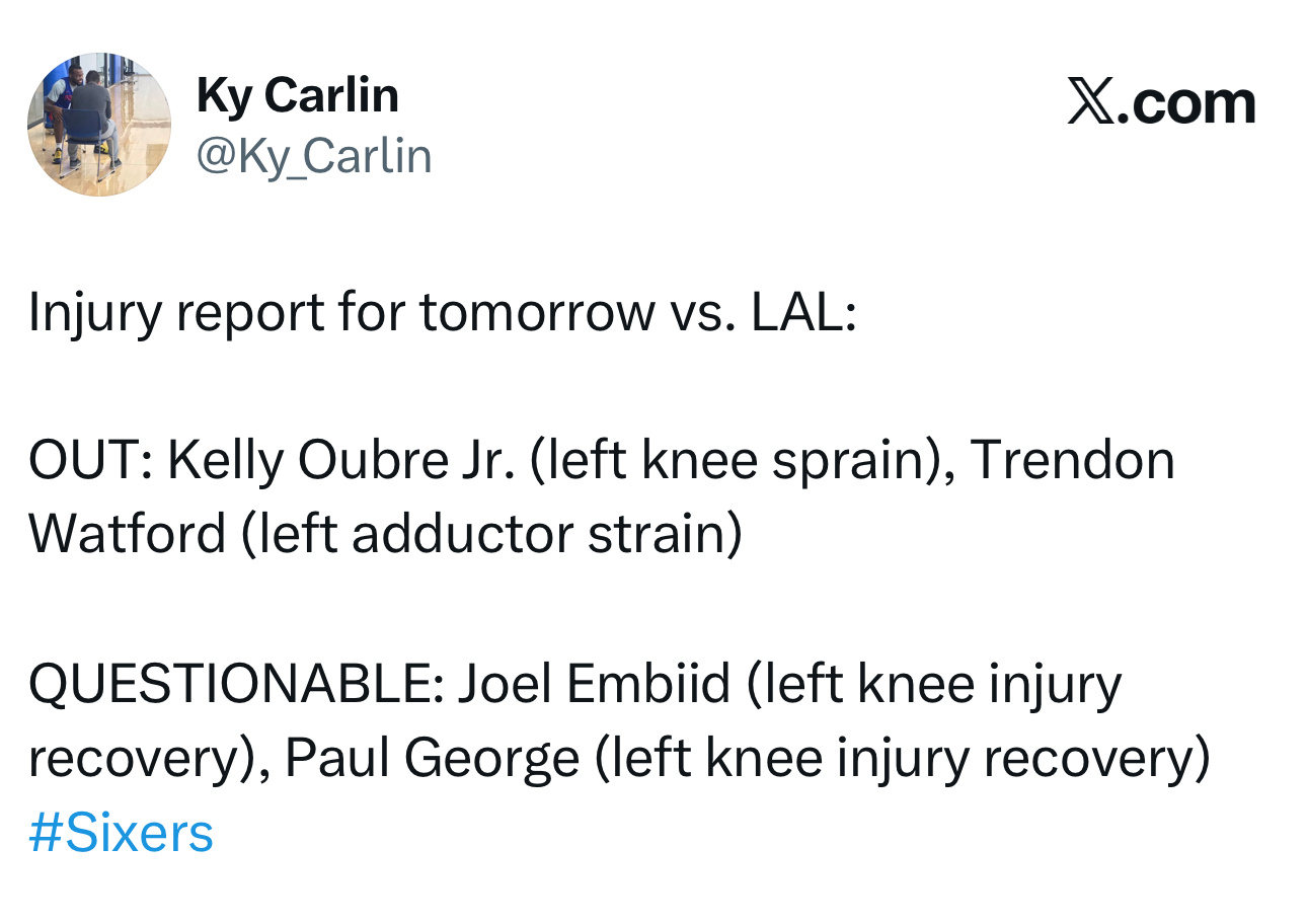 伤病报告更新：明天主场对阵湖人队，凯利·乌布雷（左膝扭伤）、特伦登·沃特福德（左