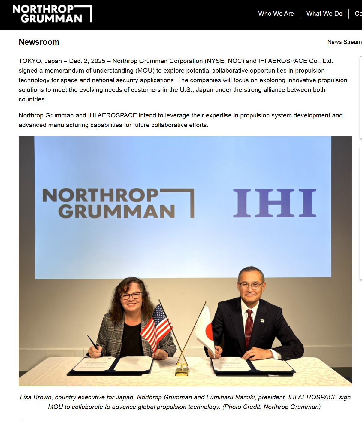 诺·格与IHI航空航天签署在航天与防务方面进行合作的MoU