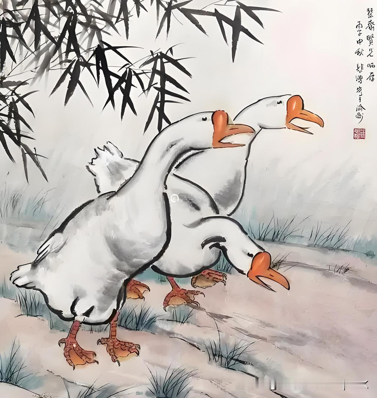 《鹅赠鹤》
——唐・白居易
君因风送入青云，
我被人驱向鸭群。
雪颈霜毛红网掌，