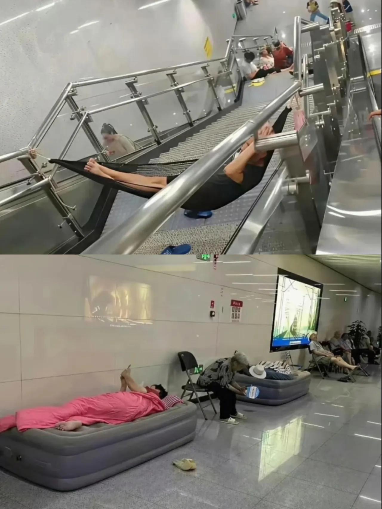 这些地铁站乘凉的人，
根本不是因为开不起空调，
也不是买不起空调，而是为了减少