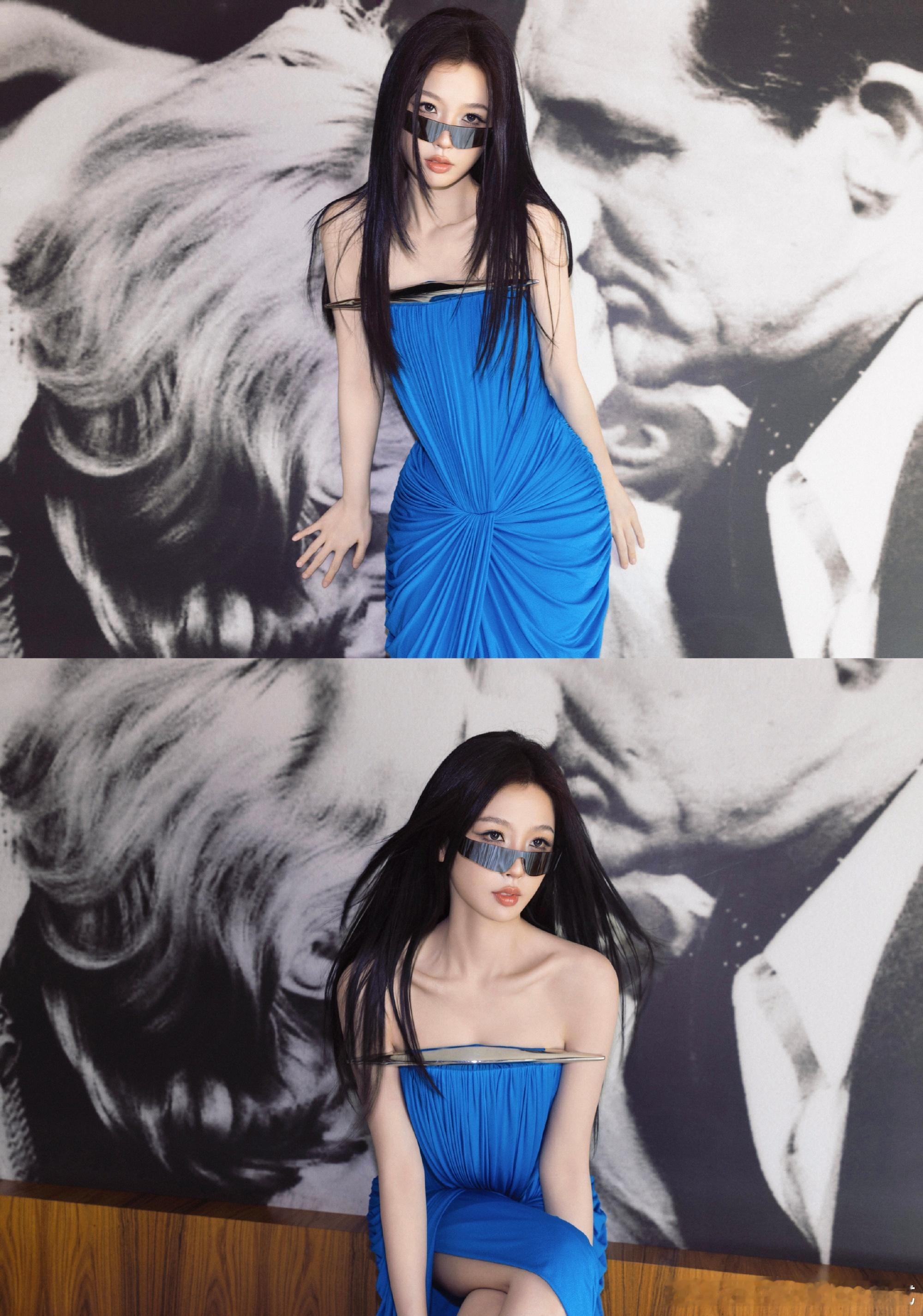 虞书欣戛纳蓝色妖姬造型湖蓝是南法写给世界的情书，亮彩点缀着石板街巷。海风漫过街角