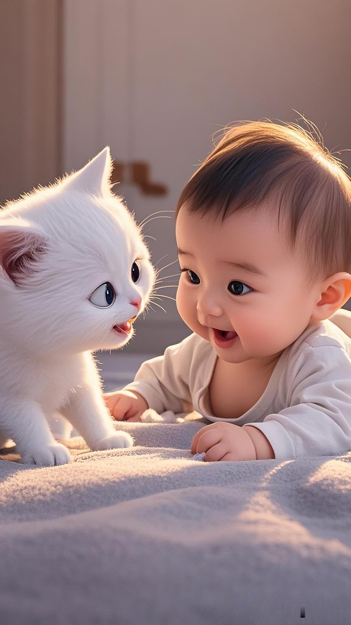 小孩与猫咪的互动，两个的表情，四个眼睛对着，真是服了。