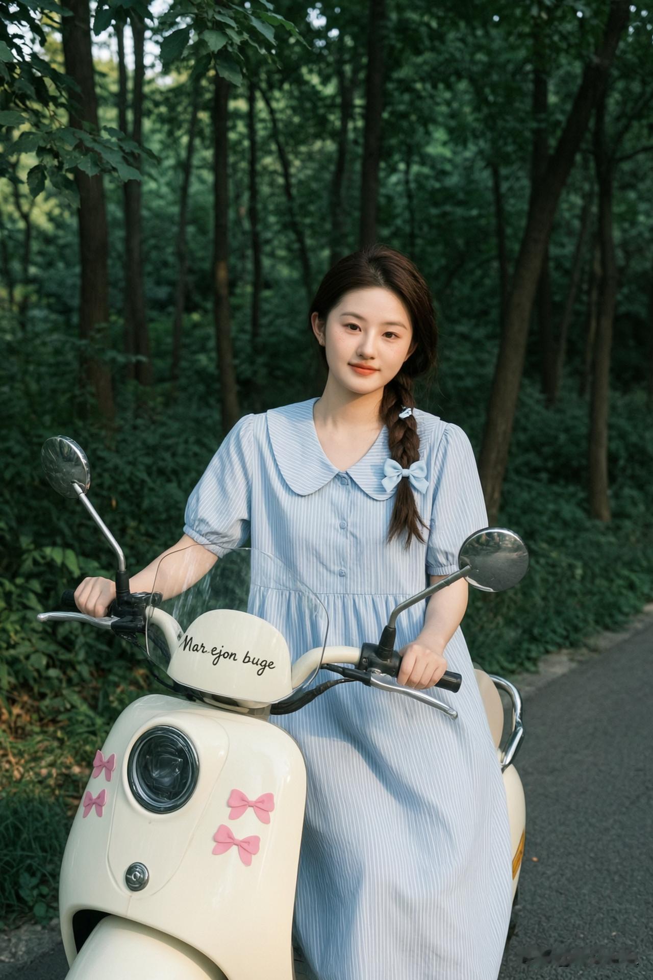 少女心满满，与爱车一起骑行在绿意盎然的小路上。🌿🚴‍♀️