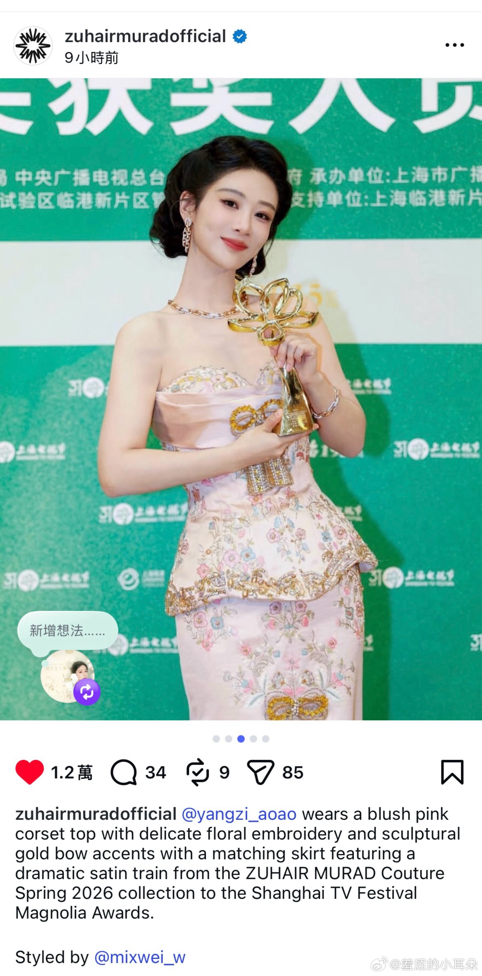 祖海认领杨紫祖海ins认领杨紫获白玉兰视后高定造型，之前就说过这次是有效露出，曝