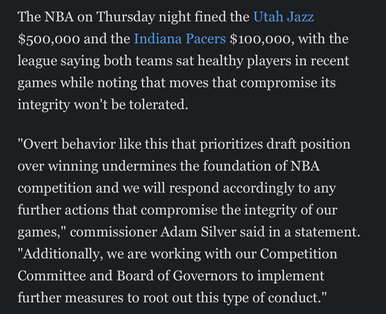 NBA将在未来严查各只球队摆烂情况，即将制定方案来解决此事，比如乐透区球队举行锦