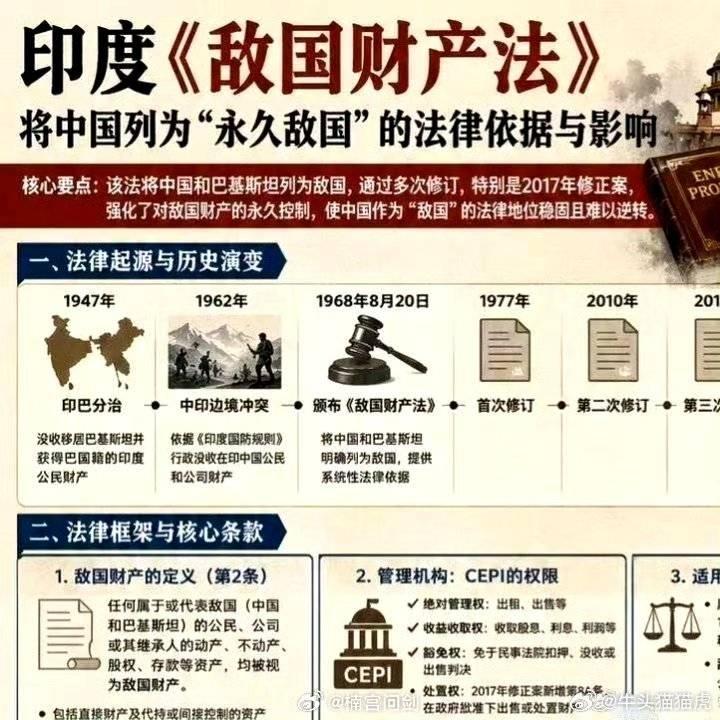 开始还有些不相信，问了好几个平台，印度确实有一部《敌国财产法》，把咱家和巴基斯坦