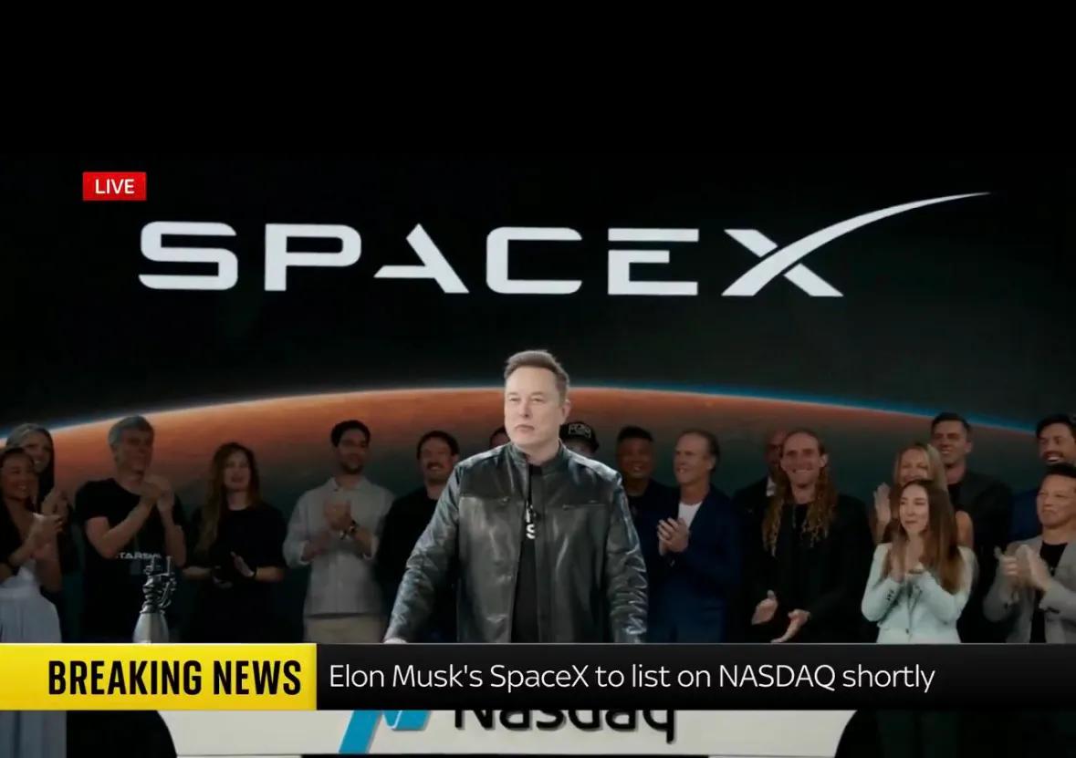 Space X 今天正式上市，万众瞩目开盘的一刻。
马斯克发文只有一个词： “万
