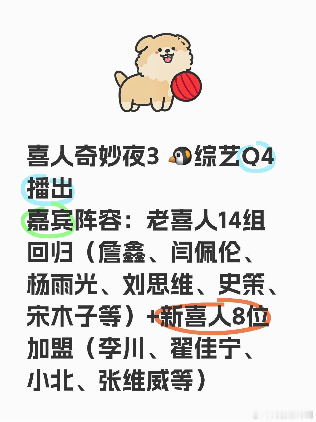 喜人奇妙夜3 🐧综艺Q4播出嘉宾阵容：老喜人14组回归（詹鑫、闫佩伦、杨雨光、