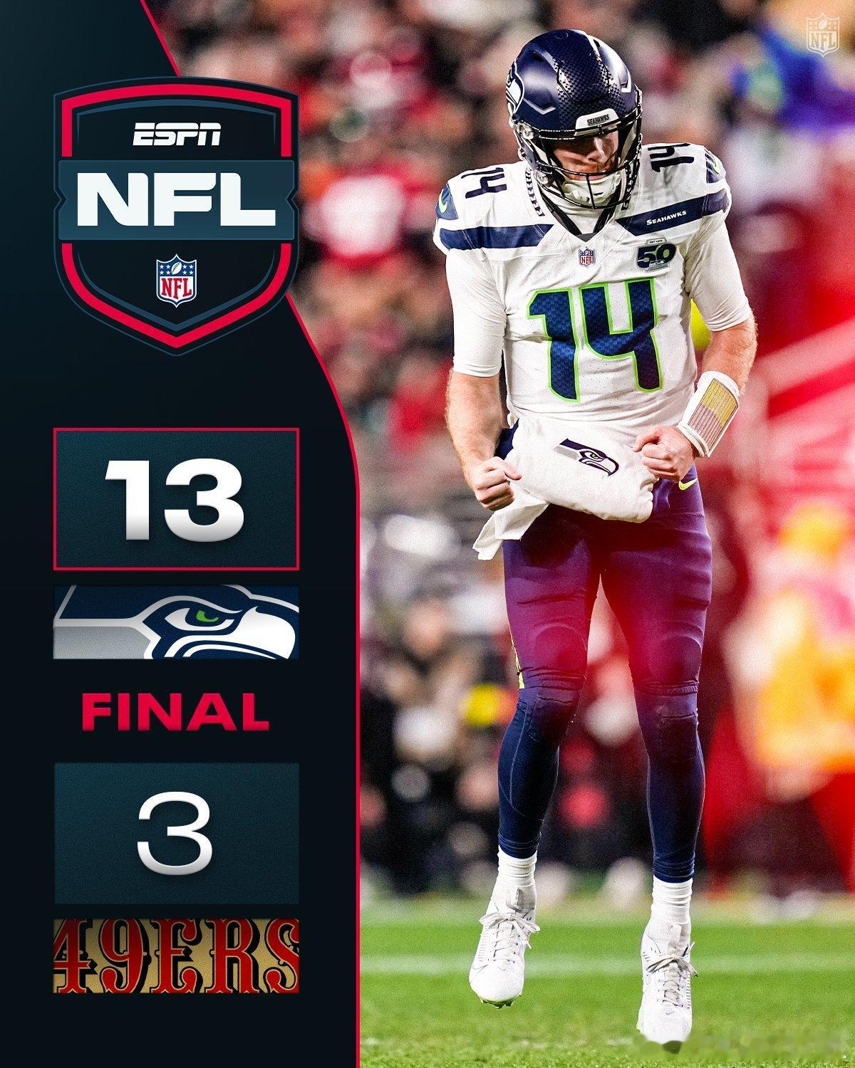 不容易，Sam Darnold率队击败了49人，终于拿到了NFL常规赛的NFC 