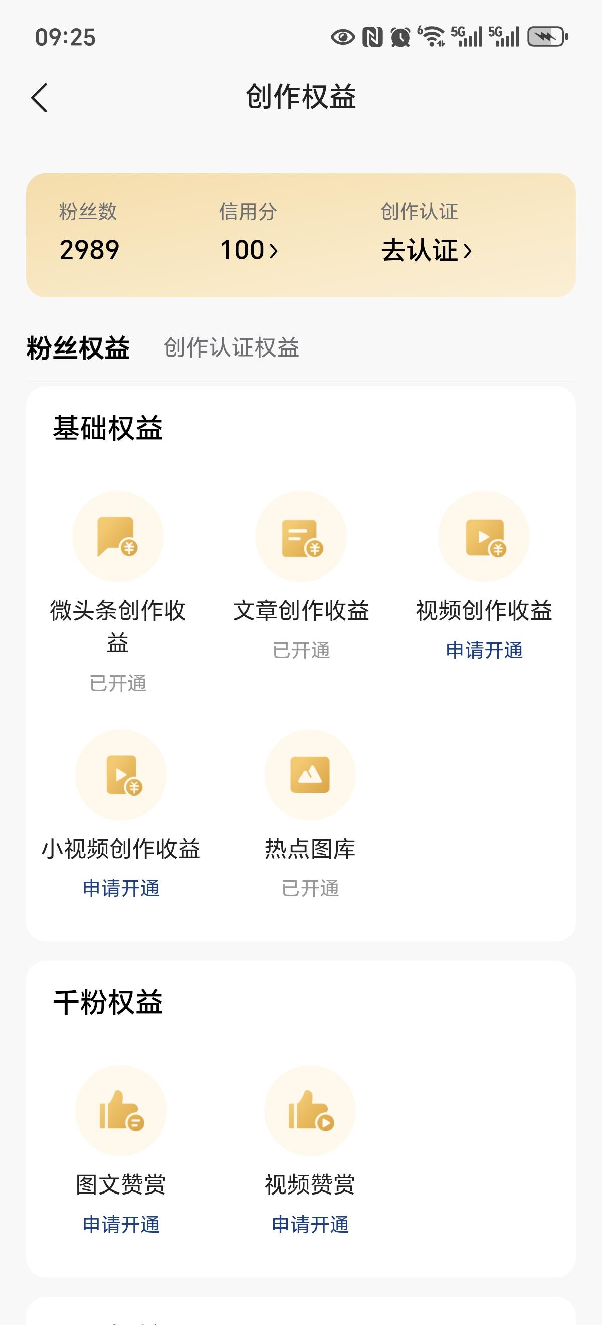 突然发现网名下面有三项权益，点开一看原来如此，当然是鼓励创作者的一系列措施。
 
