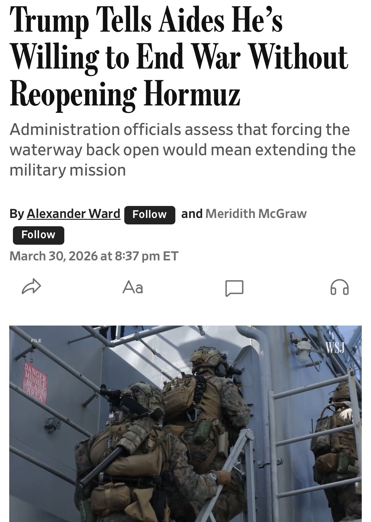 🔻WSJ 说：“特朗普已告知助手，即使霍尔木兹海峡大部分仍处于关闭状态，他也愿