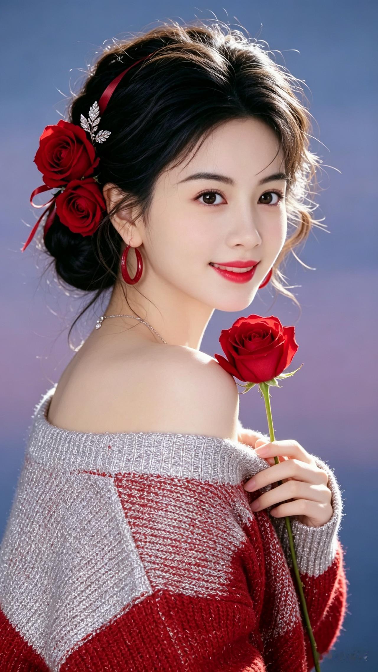 温婉东亚女子低盘发缀红玫瑰银饰，复古红唇配红圈耳饰，身着银红一字肩针织衫，侧身回