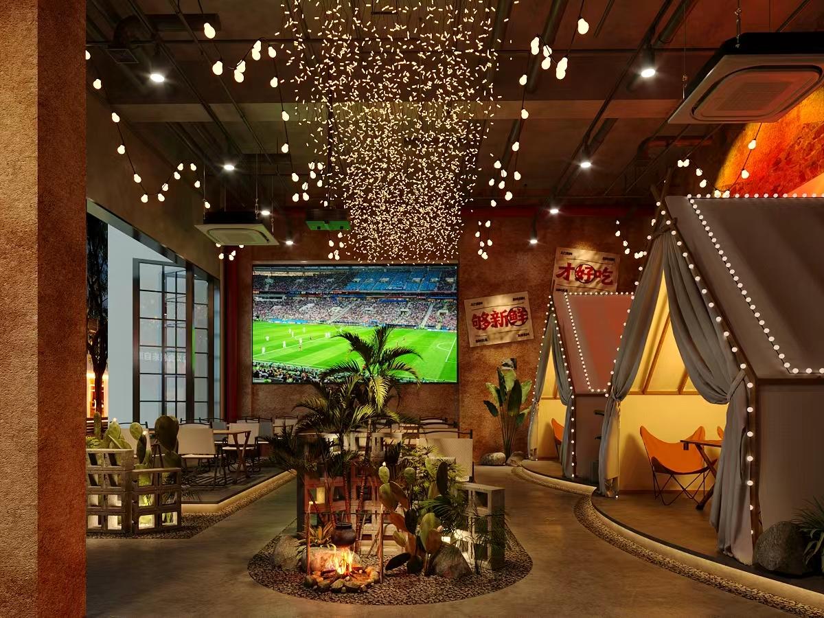 这是我们设计完的一个烧烤店效果，需要购买一个露营仿真烧烤架加锅摆放在主要位置作景