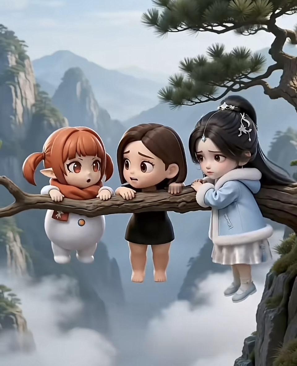 “三姐妹的冒险之旅，跨越云海，探秘仙境！”🌄👩‍👩‍👧‍👧