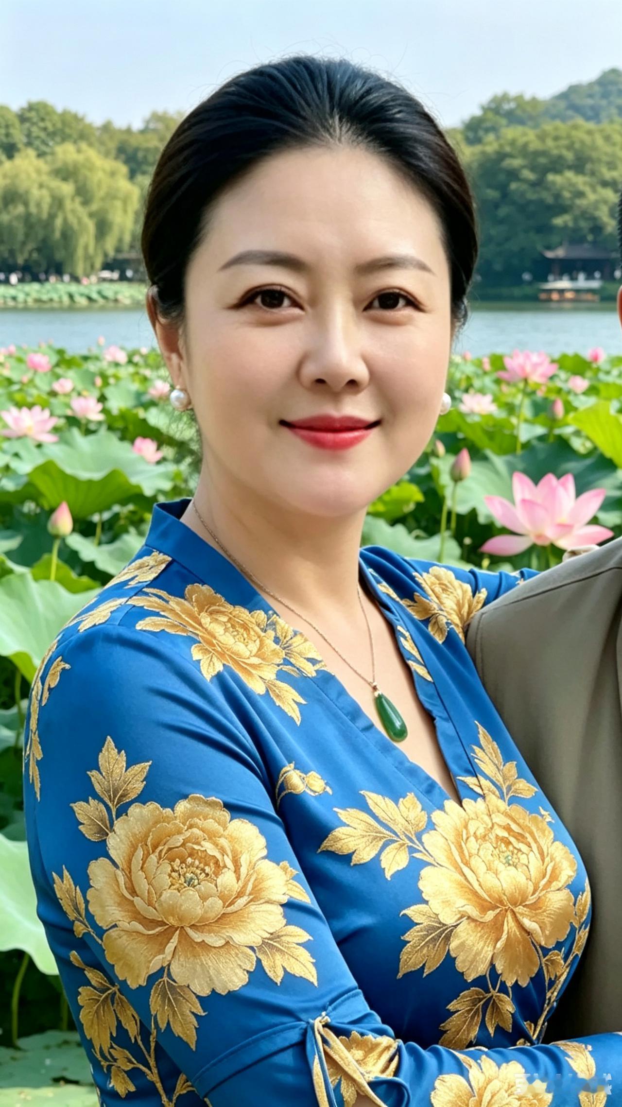 荷塘佳人
满湖荷色映晴空，淡蓝衣间牡丹浓。
翠玉随身添雅韵，西子湖畔沐清风。
眉