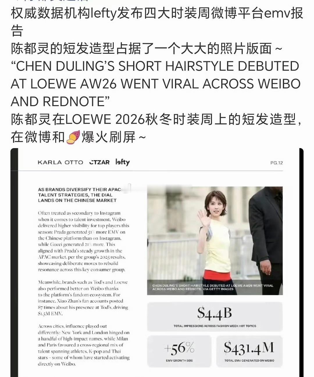 lefty发布四大时装周emv报告 陈都灵占据好大的版面好大的版面 确实各平台大