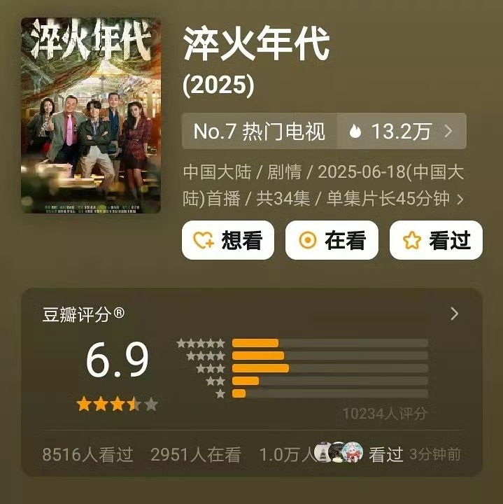 淬火年代 豆瓣评分6.9（1万人打分）焕羽 豆瓣评分7.1（1.7万人打分） ​