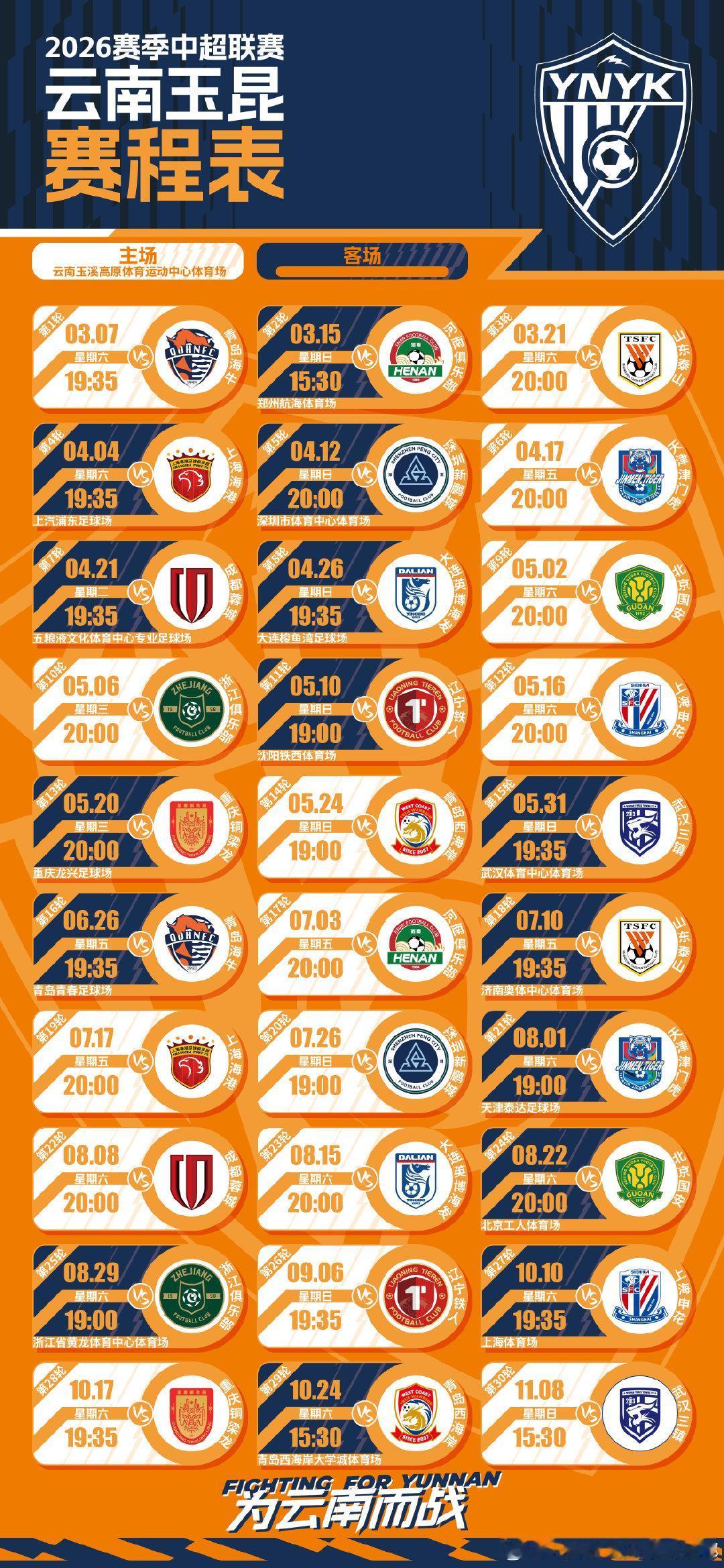 云南玉昆2026中超联赛赛程

新赛季在更换了主教练和补充了强力外援，并引进了国