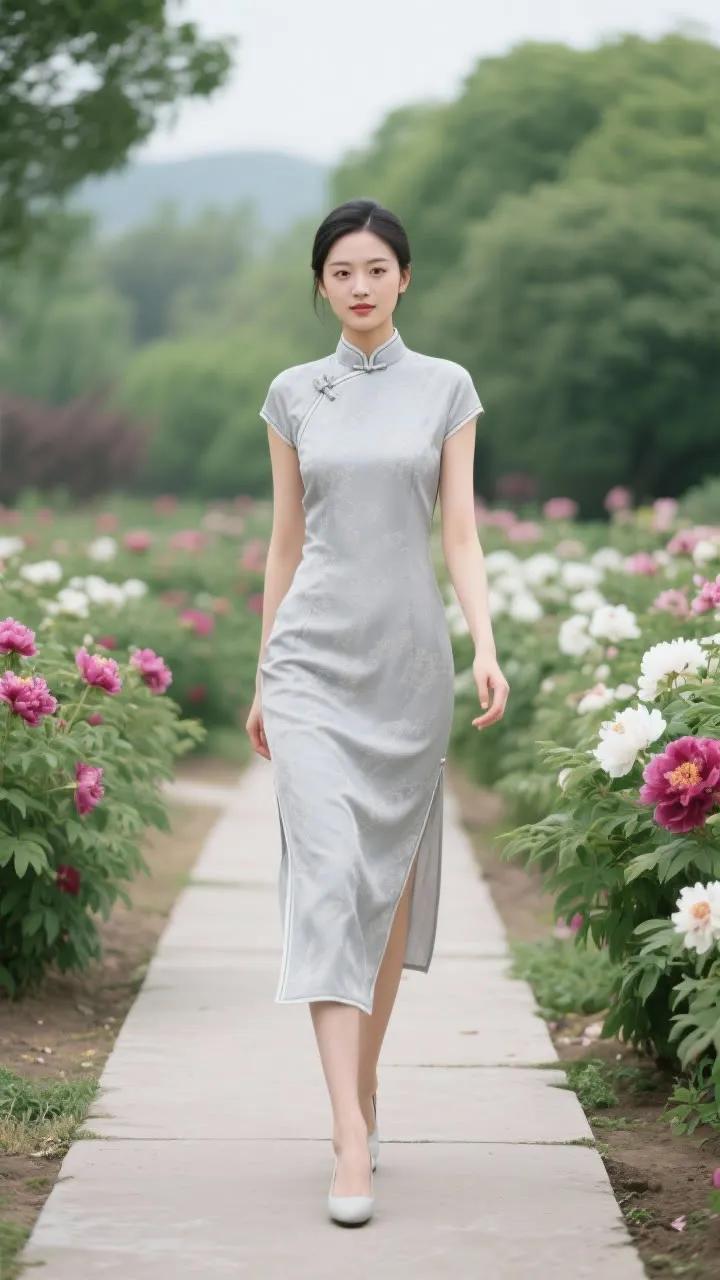 优雅漫步在花海中的旗袍美人