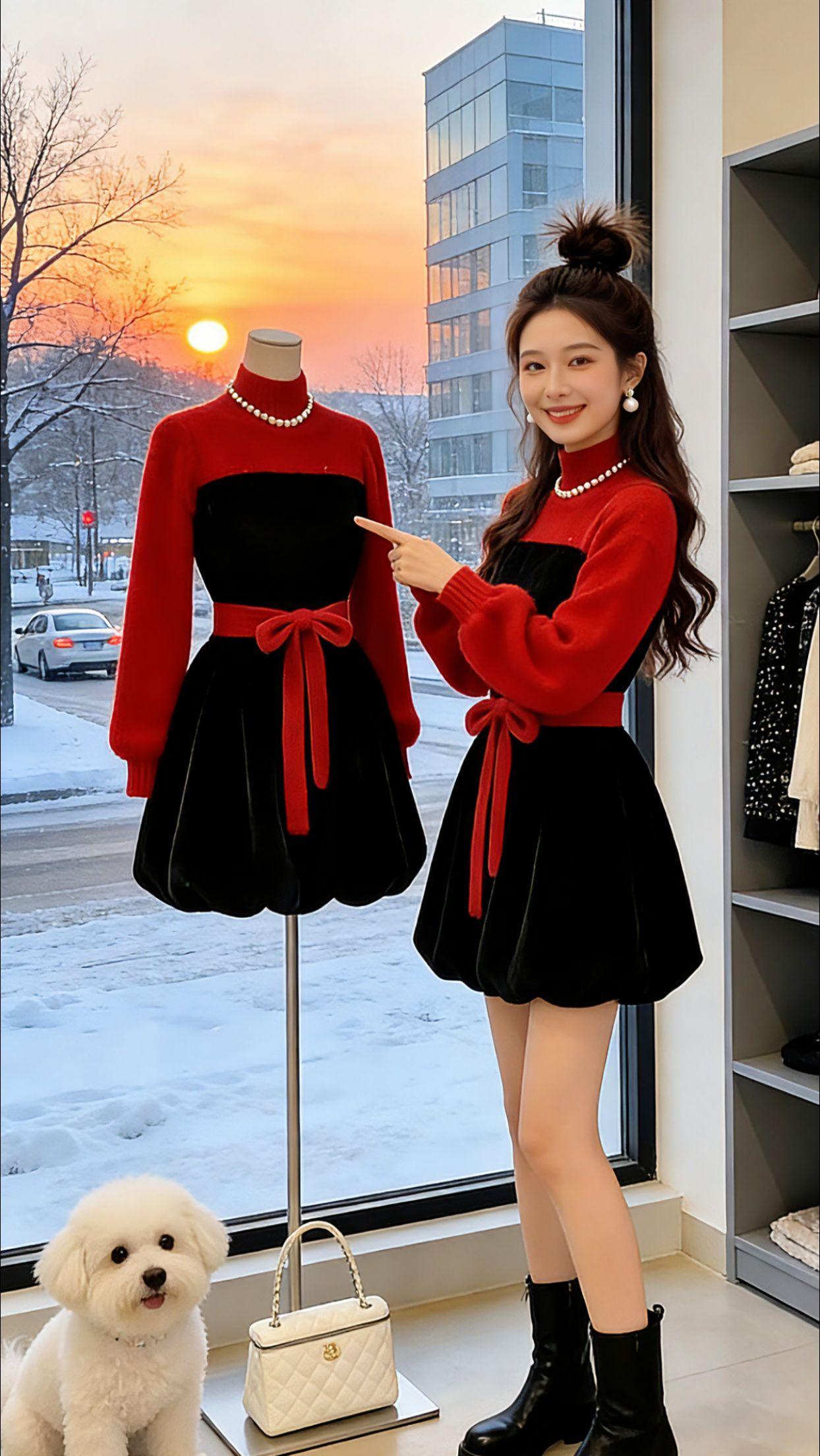 Danny在飘雪的冬日里，被这件黑红拼接收腰连衣裙狠狠拿捏了！红与黑的经典碰撞，