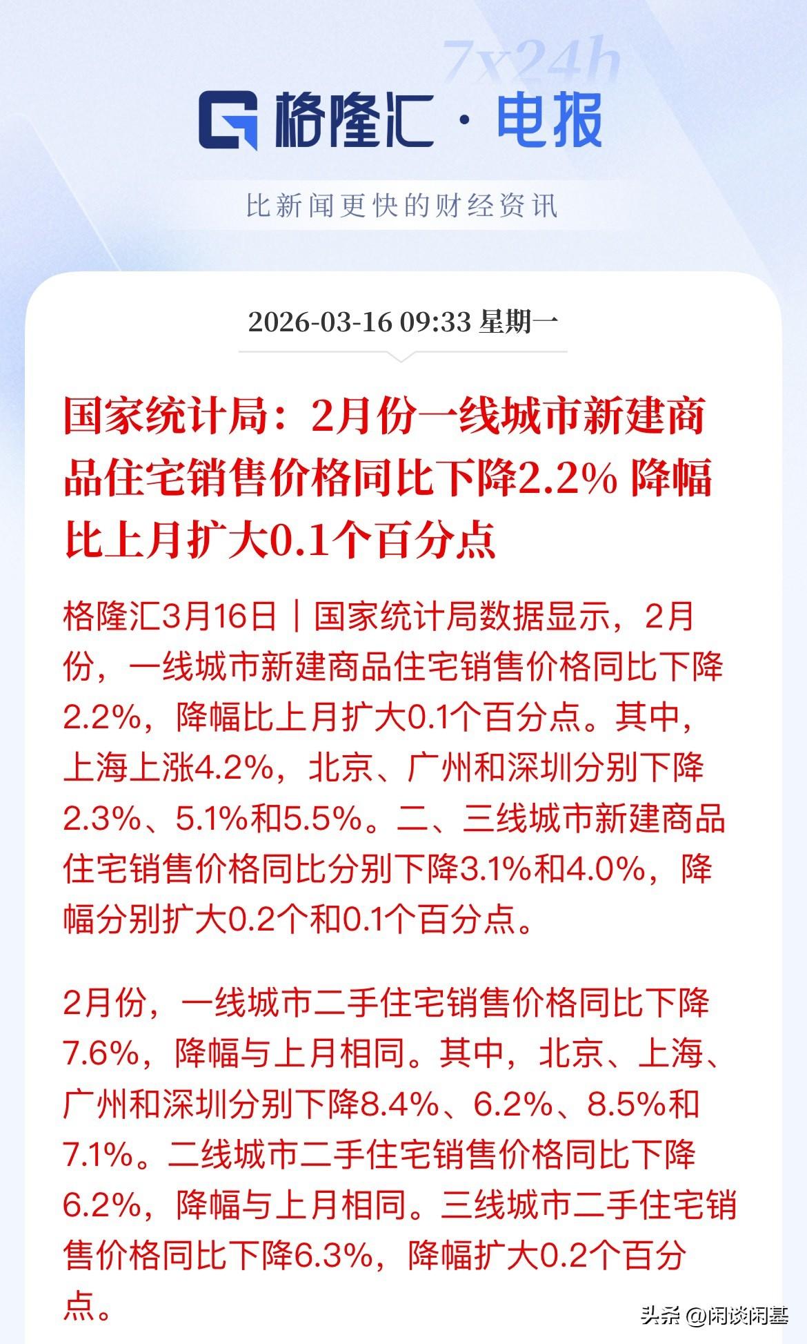 官方数据！房价下跌还没到底，一线同比跌2.2%，二线和三线同比跌3.1%和4.0
