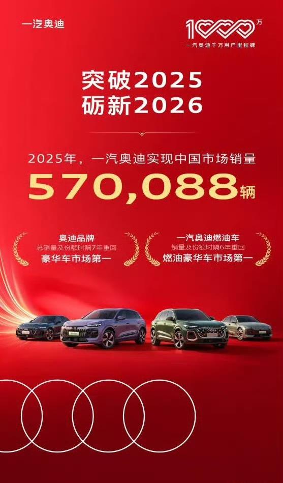 一汽奥迪发布2025年销量！一共卖出去了57万辆车，重回燃油豪华车市场第一！
