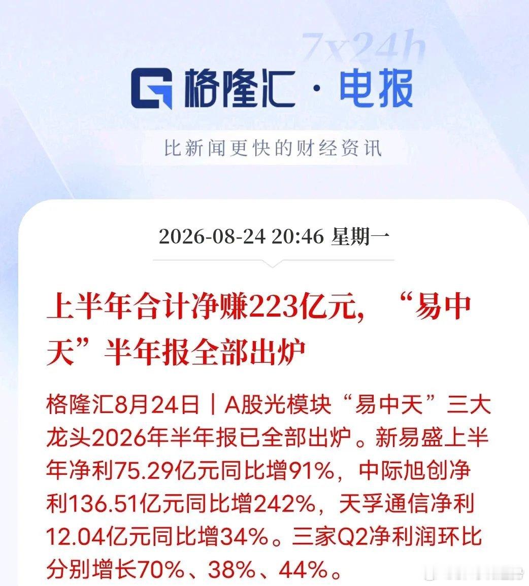 “易中天”半年狂赚223亿，光模块增长拐点临近光模块三大龙头半年报落地，合计净利