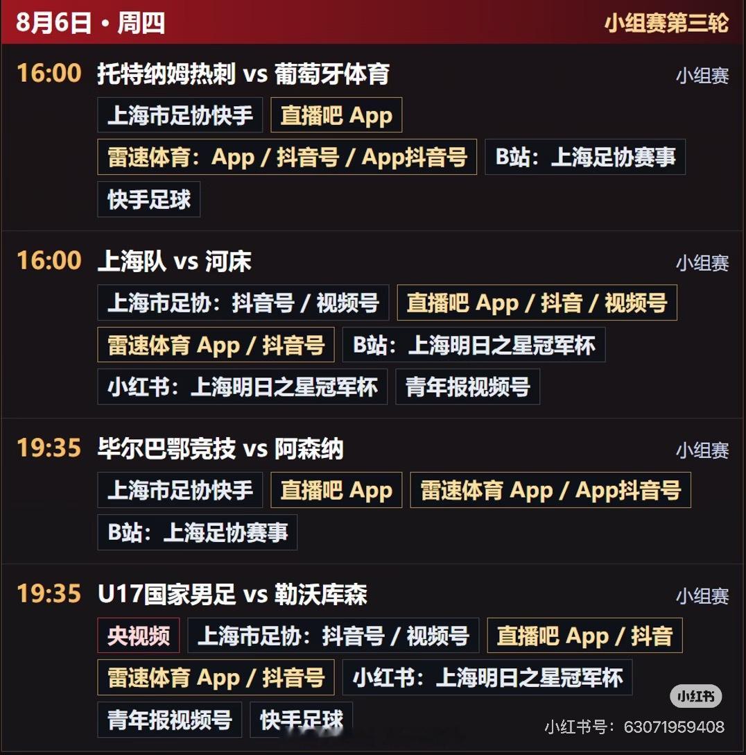 上海明日之星冠军杯8月6日比赛直播平台🌟16:00 上海队 vs 河床🌟19