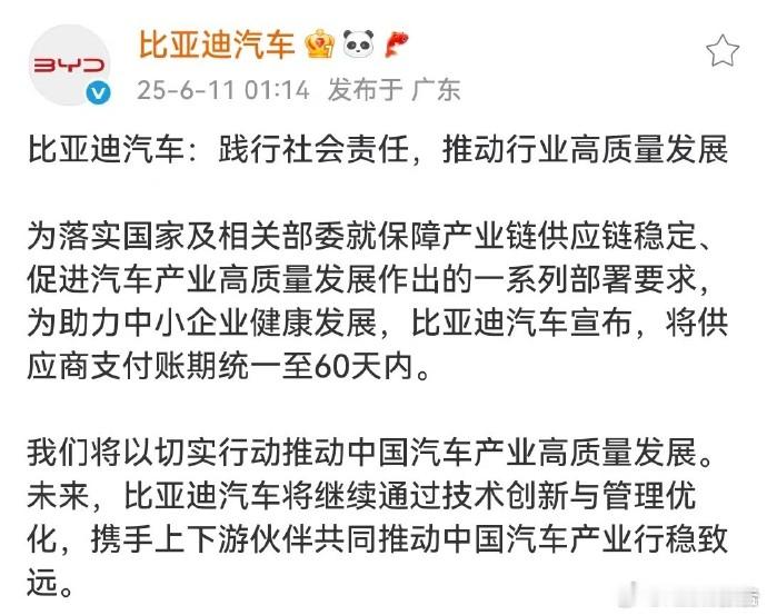 比亚迪宣布60天内付款6月11日，比亚迪汽车宣布，为落实国家及相关部委就保障产业