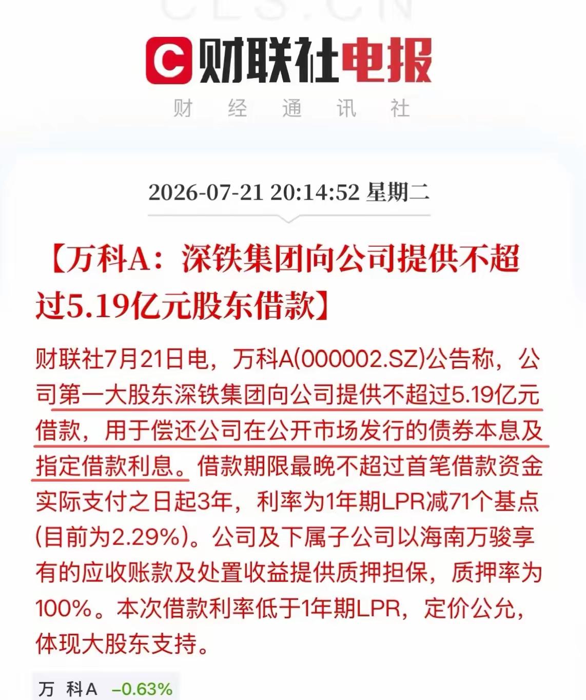 深铁又向万科提供5.19亿借款!累计借款已超过330亿!
深铁算是被万科彻底绑定