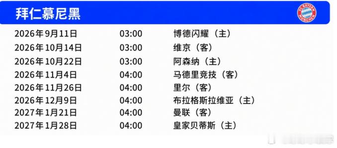 拜仁欧冠赛程：首战博德闪耀，三四轮连续对战阿森纳马竞拜仁赛程（北京时间）2026