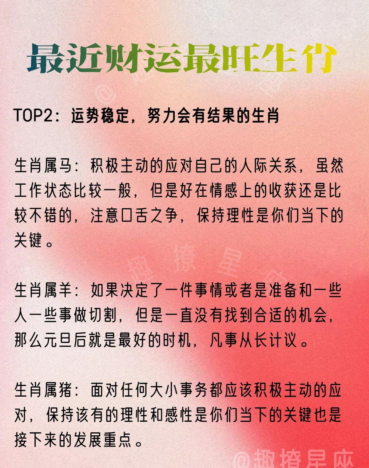 最近财运最旺的生肖榜，恭喜锦鲤红榜生肖，好运顺遂，财运大涨，生活顺心如意！】
新