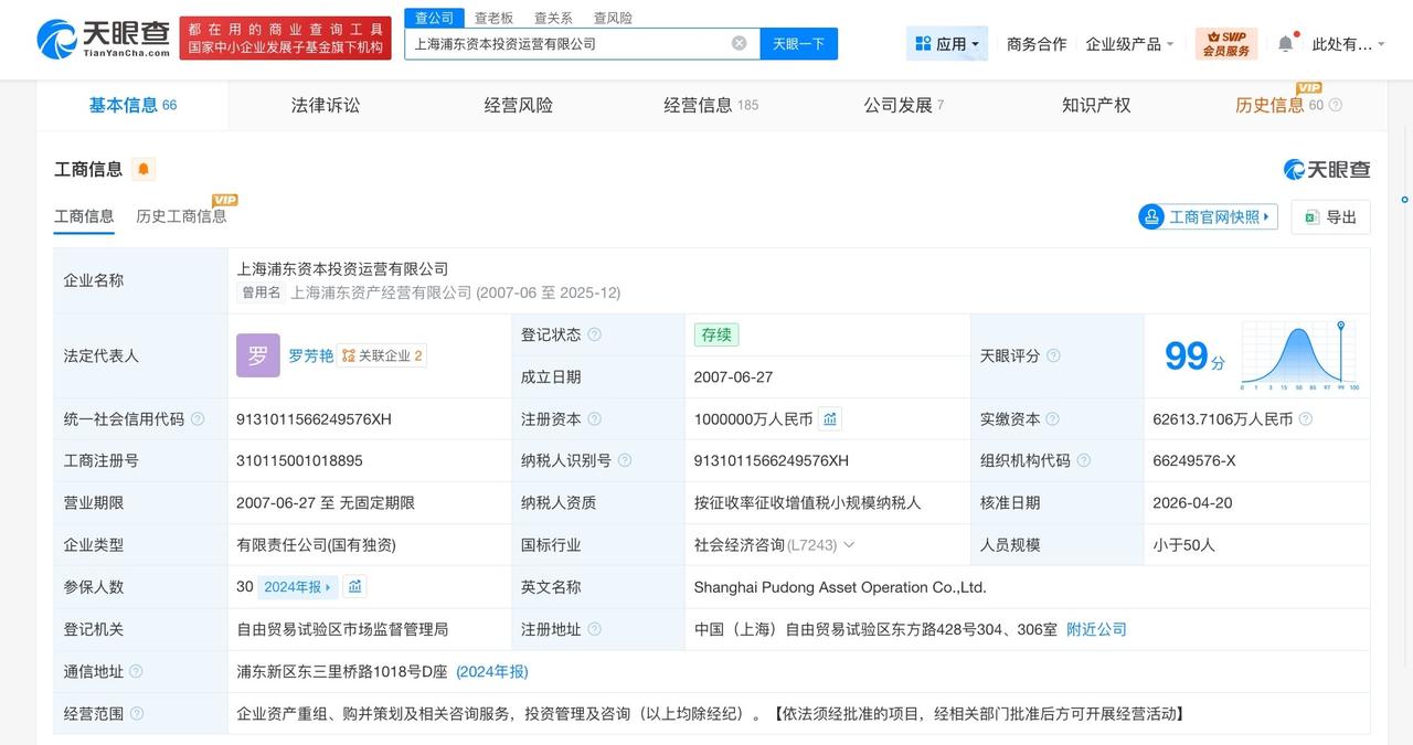 上海浦东资本投资运营公司增资至100亿 增幅约8858%

天眼查App显示，近